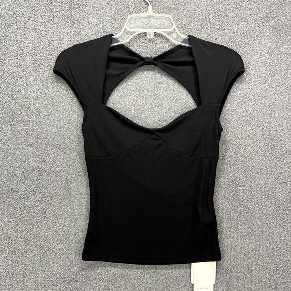 Commense Top Womens Medium Black Cutout cap Sleeve stretch semi sheer - Picture 3 of 16